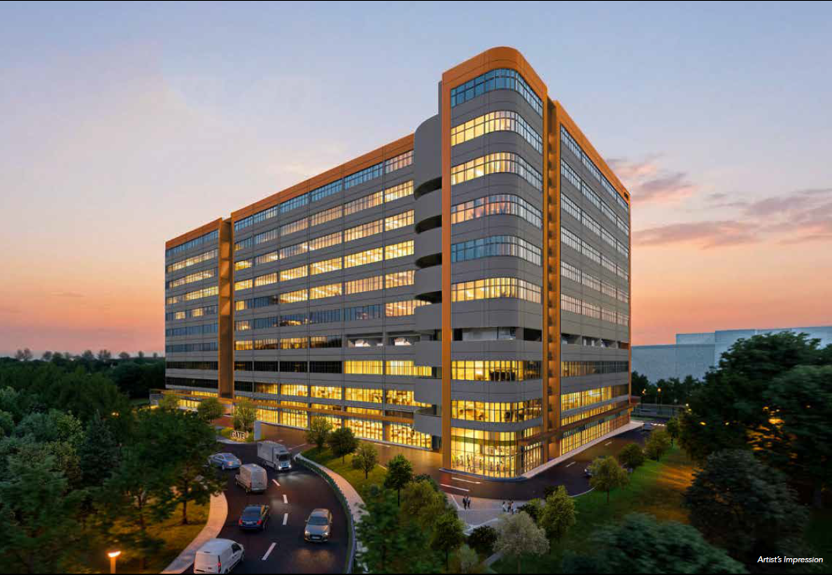 Modern 10-storey ramp-up B2 industrial development building facade at Tukang Innovation Drive, Juron