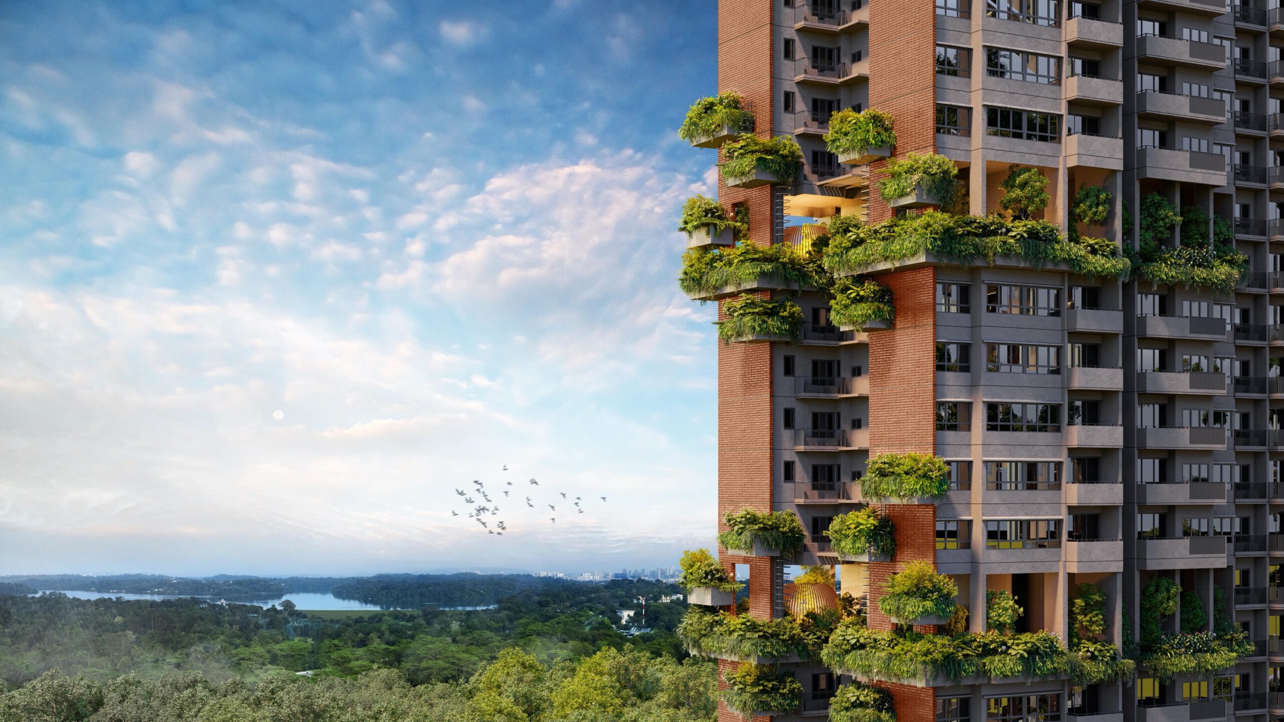 Panoramic architectural view of Springleaf Residence's modern 25-storey residential towers near MRT