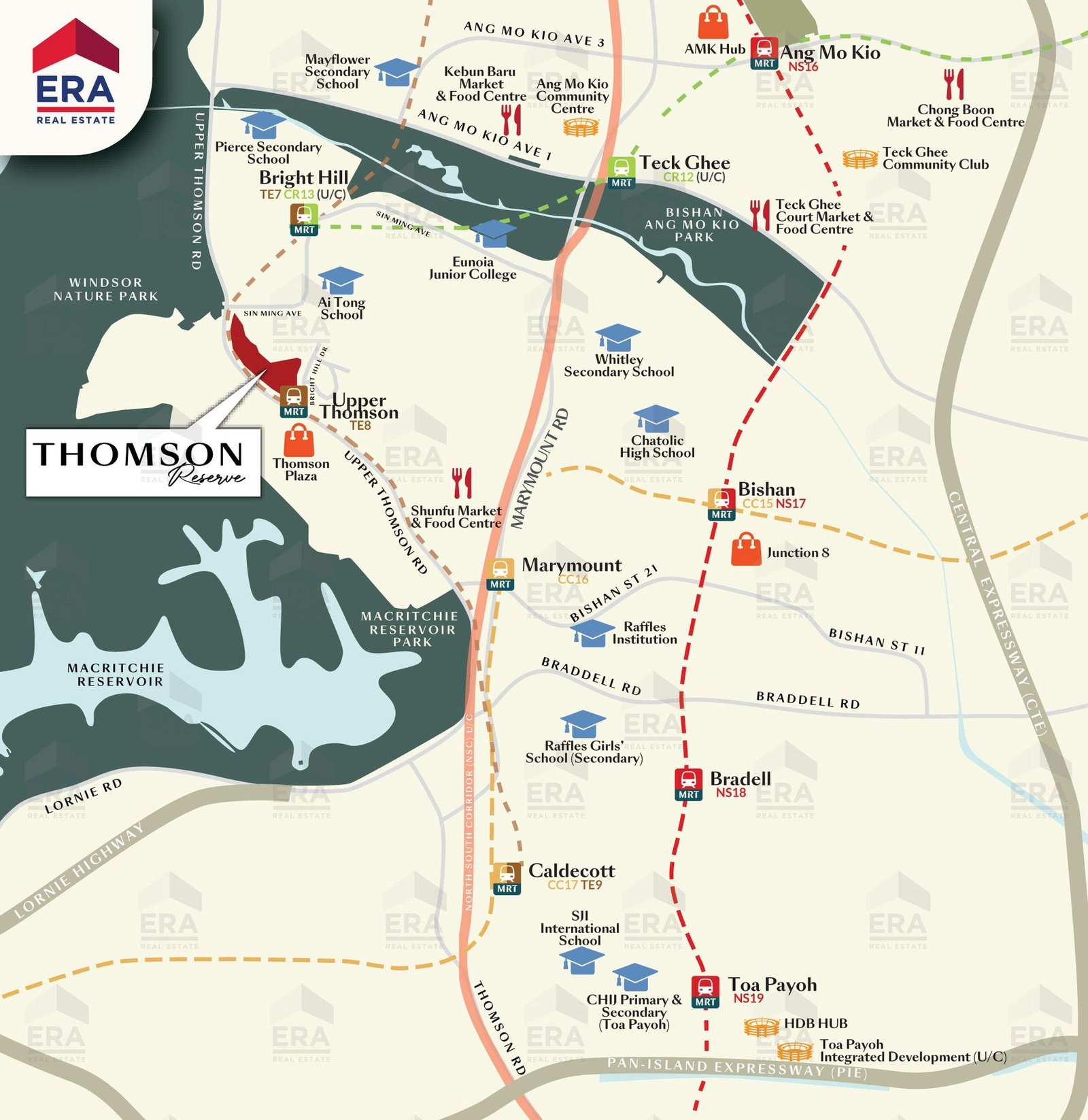 Thomson Reserve (former Thomson View en bloc site) location map showing walking distance to Upper Thomson MRT, Bright Hill Interchange, .