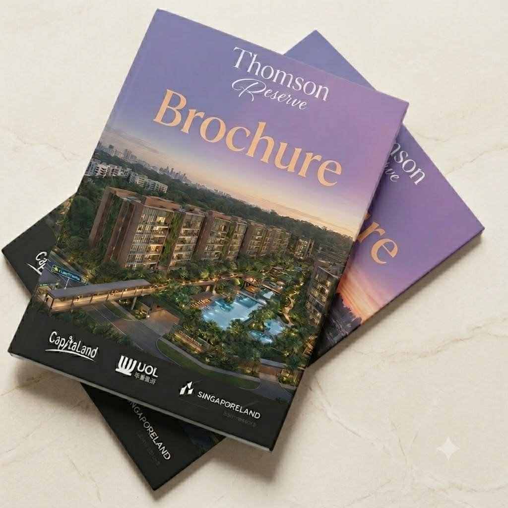 Thomson Reserve brochure cover featuring aerial view of the new launch condo in District 20 near Upper Thomson MRT.